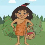 cartoon primitive girl with berries basket, cute vector cartoon illustration of stone age gatherer
