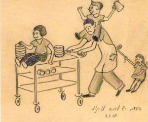 זאב גוטקינד תורנות בחדר האוכל, בתוכנו, 1958